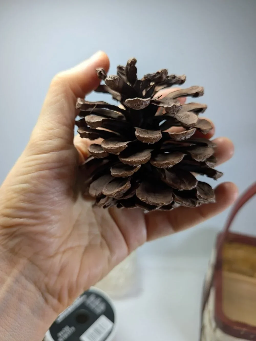 Rustic Holiday Decor Bundle: Wood Crackle Basket,12 Natural Pinecones & Metallic